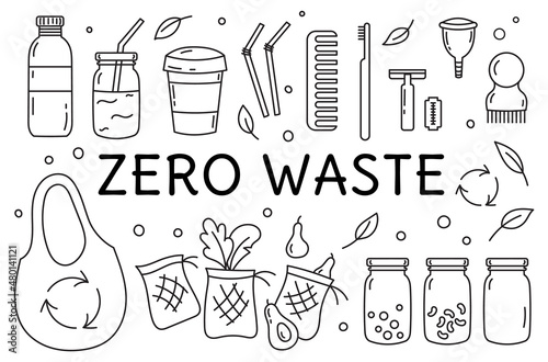 Environmental protection and zero waste. Icons in doodle and graphic style are black and white. Isolated on a white background. Eco bag,recycling,bottles,cans.
