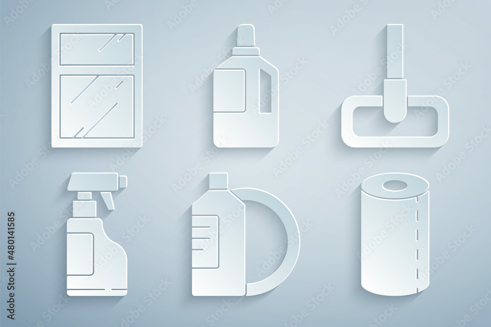 Set Dishwashing liquid bottle and plate, Mop, Spray with detergent, Paper towel roll, Fabric softener and Cleaning service for windows icon. Vector