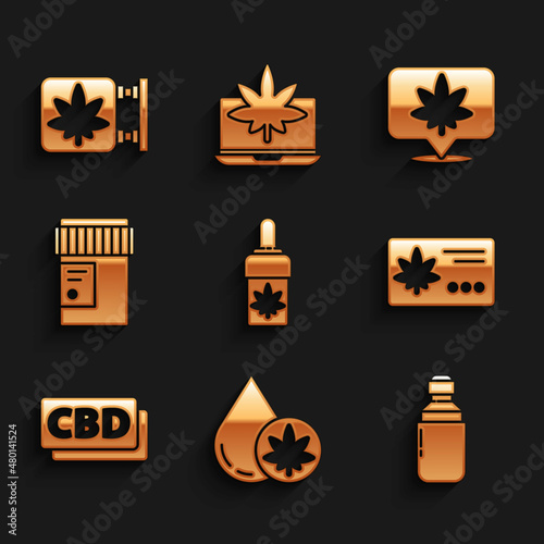 Set Marijuana or cannabis olive oil, Calendar and marijuana leaf, Cannabis molecule, Medical bottle with, Location and store icon. Vector