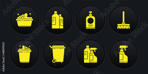 Set Bucket with soap suds, Handle broom, Trash can, Bottles for cleaning agent, sanitizer bottle, Spray detergent liquid and Plastic basin icon. Vector