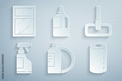 Set Dishwashing liquid bottle and plate, Mop, Spray with detergent, Paper towel roll, Fabric softener and Cleaning service for windows icon. Vector