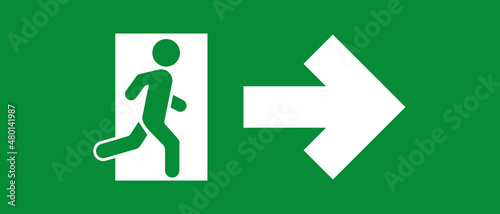 Emergency exit green sign with arrow, exit person out door for protection. Man go out through door, warning sign. Vector illustration