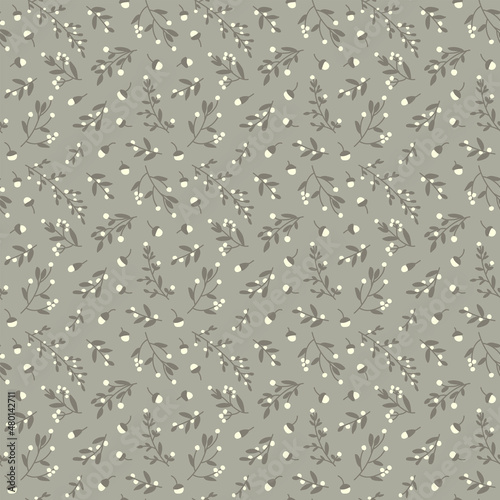 Seamless botanical pattern in gray, pale olive and cream. 