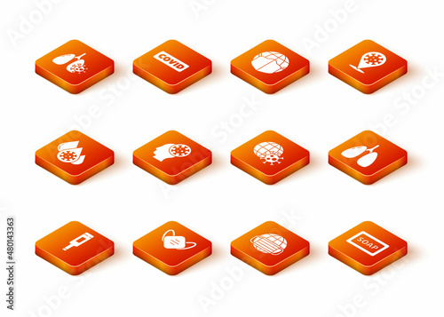 Set Medical thermometer, protective mask, Blood test and virus, Human, Earth with medical, globe, Bar of soap and Lungs icon. Vector
