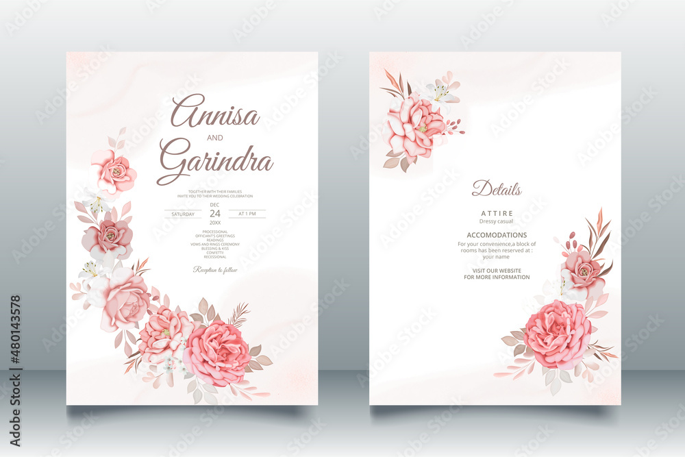 Beautiful floral frame wedding invitation card template Premium Vector