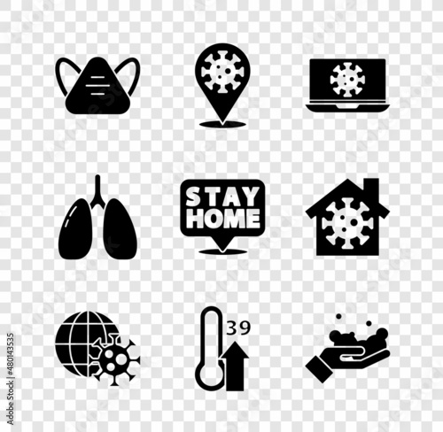 Set Medical protective mask, Corona virus 2019-nCoV on location, Virus statistics laptop, Earth globe with, High human body temperature, Washing hands soap, Lungs and Stay home icon. Vector