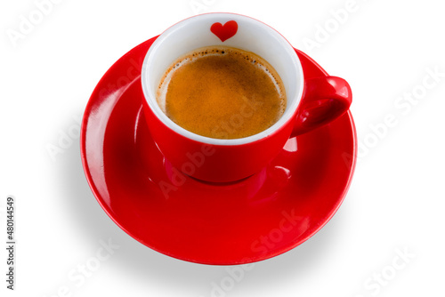 coffee espresso in red cup with little heart isolated on a white background  clipping path