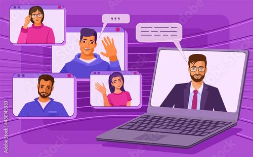 Online conference of friends of business partners. Indian women and Indian men are having a video conference. Employees use the Internet and a laptop for business negotiations and training