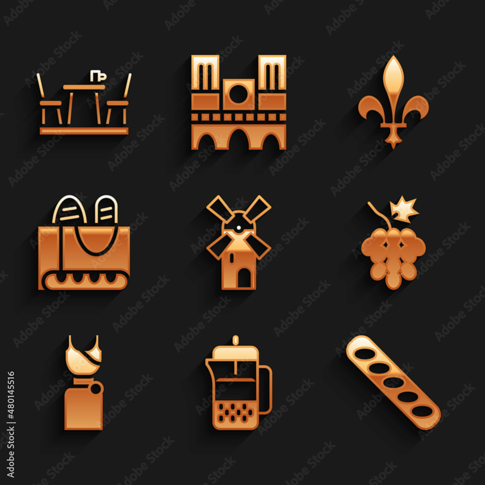 Set Windmill, French press, baguette bread, Grape fruit, Woman dress, Fleur De Lys and cafe icon. Vector