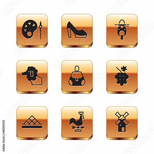Set Paint brush with palette, Louvre museum, Rooster weather vane, Handbag, Poodle dog, Scooter, Windmill and Woman shoe icon. Vector