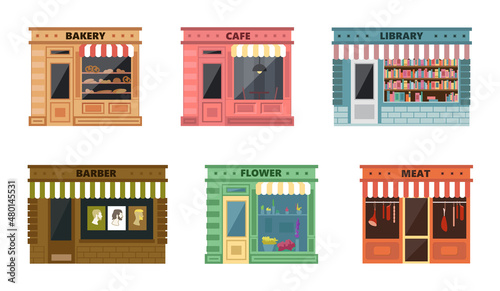 Set of shops facade on white background. Vector shops bakery, cafe, library, barber, flower and meat in flat style.