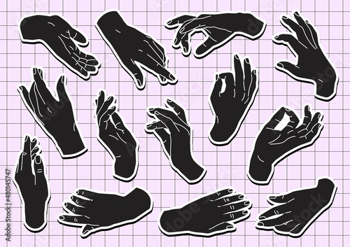 Sticker pack with Elegant woman Hand gesture. Flat style in vector illustration. Isolated elements. Body language, non-verbal communication, fingers, palms, holding, catching.