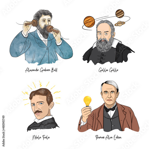 Portraits of famous scientist. Graham Bell, Galileo Galilei, Nikola Tesla, Thomas Alva Edison photo