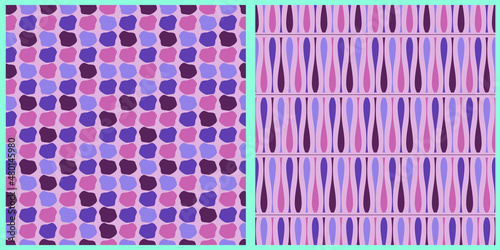 Set of vector seamless abstract patterns. Geometric shapes in pastel purple and pink on an isolated background. 