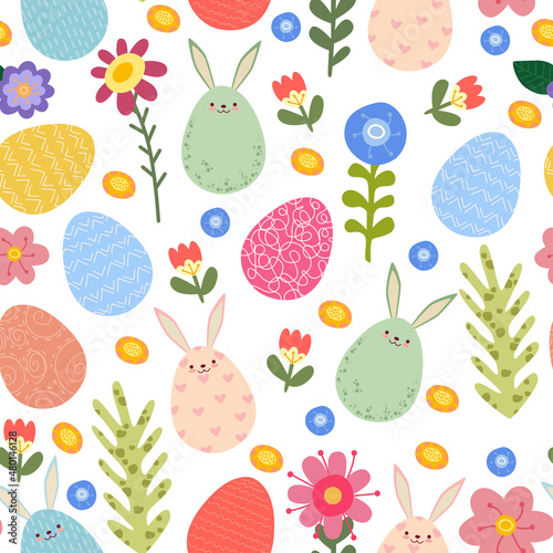 Seamless pattern of Easter eggs, rabbits, flowers and leaves. Easter background. Perfect for wrapping paper. Hand drawn