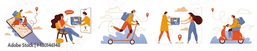 Set with Courier is delivering parcels. Online shopping. Delivery service application. Flat style, floristic decor. Five stars company. Customer, order, carrying, transportation, one click, shipping.