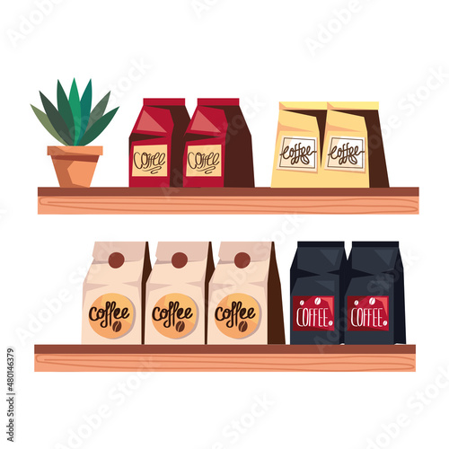 coffee bags in shelfs