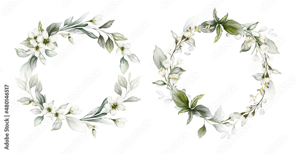 Set of spring wreaths on a white background in a watercolor style Set of spring wreaths on a white background in a watercolor style