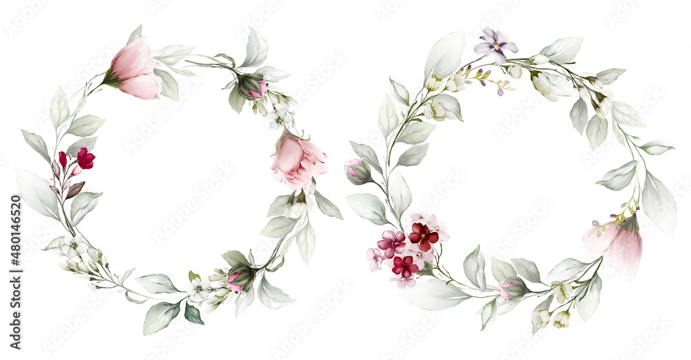 Set of spring wreaths on a white background in a watercolor style