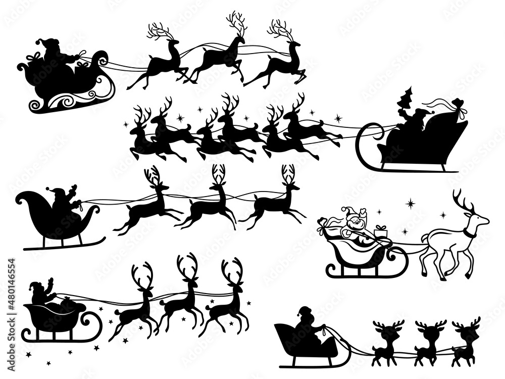 Set of Santa flying in a sleigh with reindeer. Collection of silhouette Santa  gives out gifts. Happy New Year. Vector illustration of icons for holidays cards.