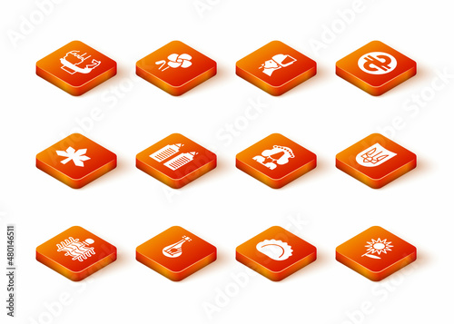Set Wicker fence, Bandura, Chestnut leaf, Two towers in Dnipro, Dumplings, Ukrainian woman, Sunflower and trident icon. Vector