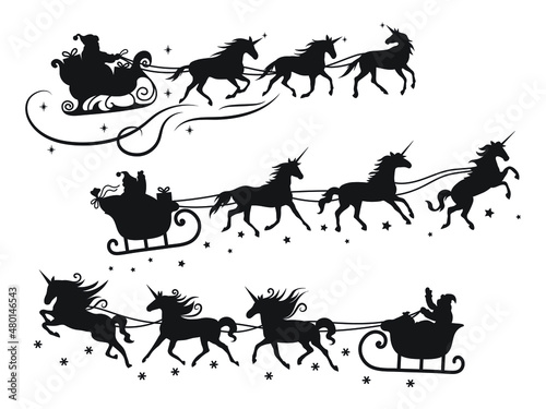 Set of Santa flying on a sleigh with  unicorn. Collection of silhouette of Santa  handing out gifts pulled by festive animals. Happy New Year. Vector illustration for holiday cards.