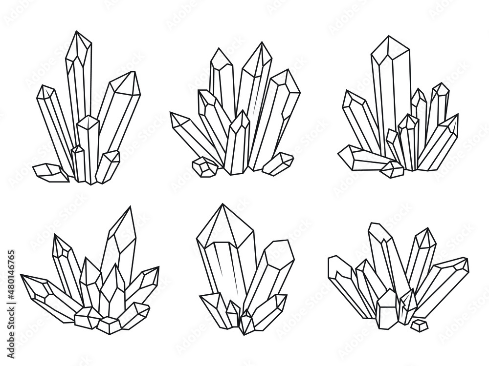 Set of crystals. Collection of precious hard rocks of minerals and diamonds. Linear art
