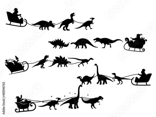 Set of Santa flying on a sleigh with dinosaur. Collection of silhouette of Santa Claus handing out gifts pulled by jurassic animals. Happy New Year. Vector illustration for holiday cards.