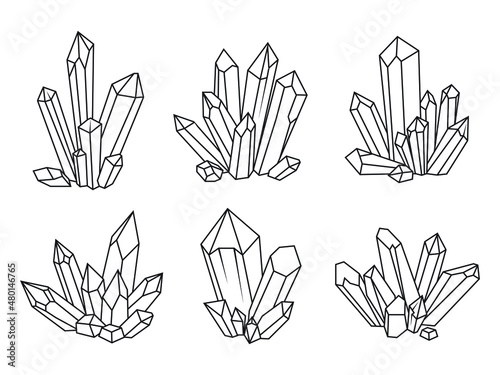 Set of crystals. Collection of precious hard rocks of minerals and diamonds. Linear art. Crystallization of natural rock. Vector illustration of magic crystals for the store.