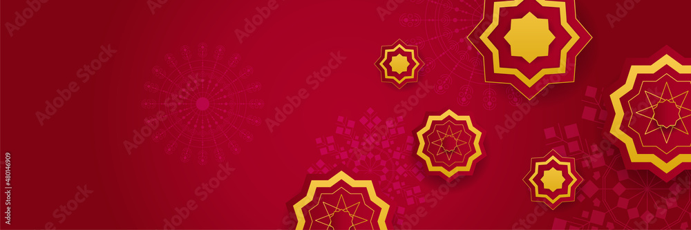 Fototapeta premium Luxury ramadan background with red arabesque pattern arabic islamic east style. Decorative design for print, poster, cover, brochure, flyer, banner.