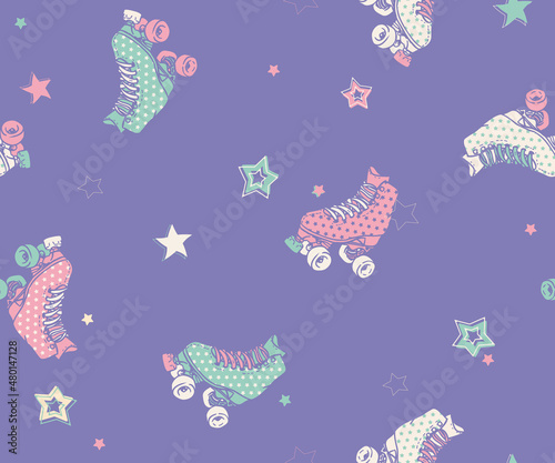 Vector Retro Roller Skates with Stars in Vibrant Colors seamless pattern background. Perfect for fabric, scrapbooking and wallpaper projects.