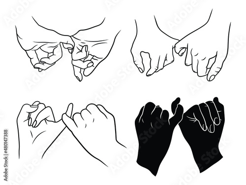 Set of promise pinky hands. Collection of paired hands holding the little fingers. Friendship sign. Vector illustration of a couple holding hands on a white background.