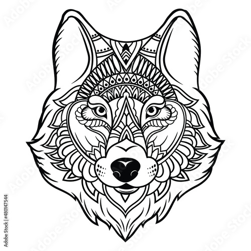 Portrait of a wolf. Illustration of a zentangle head a dog. Stylized portrait of a wolf. Black and white hand drawn. Indian wolf. Ethnic wild animals. Tattoo.