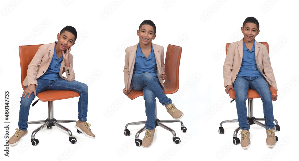 Obraz premium set of same boy who is sitting on a chair looking at camera on white background