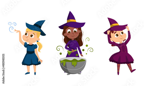 Happy Girl Witch in Dress and Pointed Hat Casting Spell Practising Witchcraft and Doing Magic Vector Set