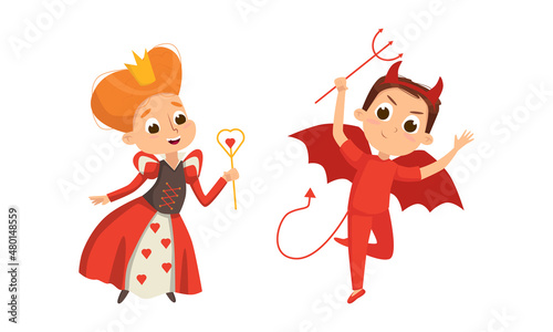 Funny Boy and Girl Dressed in Halloween Devil and Queen Costume Vector Illustration Set