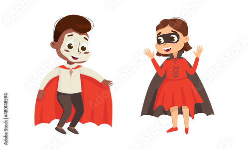 Funny Boy and Girl Dressed in Halloween Dracula and Vampire Costume Vector Illustration Set