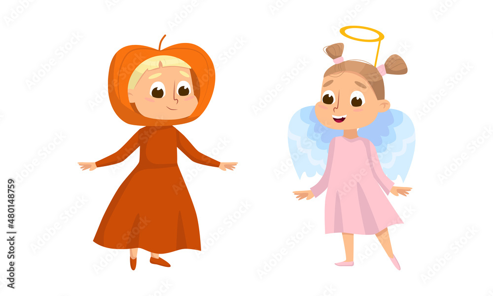 Funny Girl Dressed in Halloween Angel and Pumpkin Costume Vector Illustration Set Funny Girl Dressed in Halloween Angel and Pumpkin Costume Vector Illustration Set