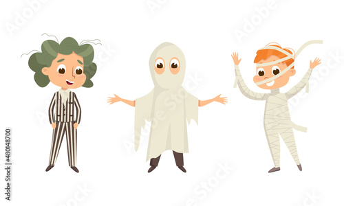 Funny Boy Dressed in Halloween Ghost and Mummy Costume Vector Illustration Set