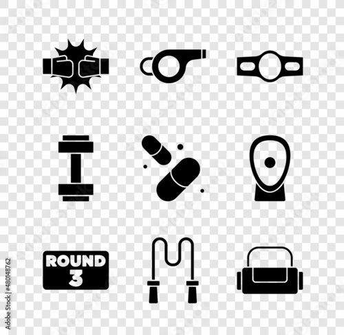 Set Punch in boxing gloves, Whistle, Boxing belt, ring board, Jump rope, Sport bag, Dumbbell and Vitamin pill icon. Vector