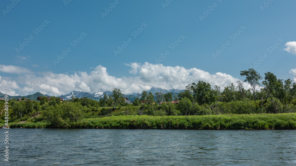 Juicy green grass grows on the bank of the blue river. Village houses are visible through the trees. A picturesque snow-covered mountain range against the sky and clouds. Kamchatka