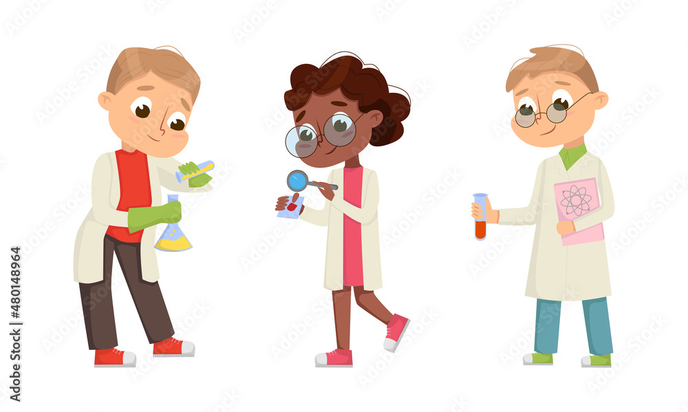 Funny Boy and Girl in Laboratory Coat Making Research with Chemicals in Glass Flask Vector Illustration Set Funny Boy and Girl in Laboratory Coat Making Research with Chemicals in Glass Flask Vector Illustration Set