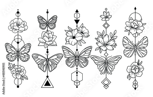 Set of flower butterflies. Collection of ethnic beautiful flower arrangements with insects. Botany. Vector illustration for trendy t-shirt design. Line art. Tattoo.