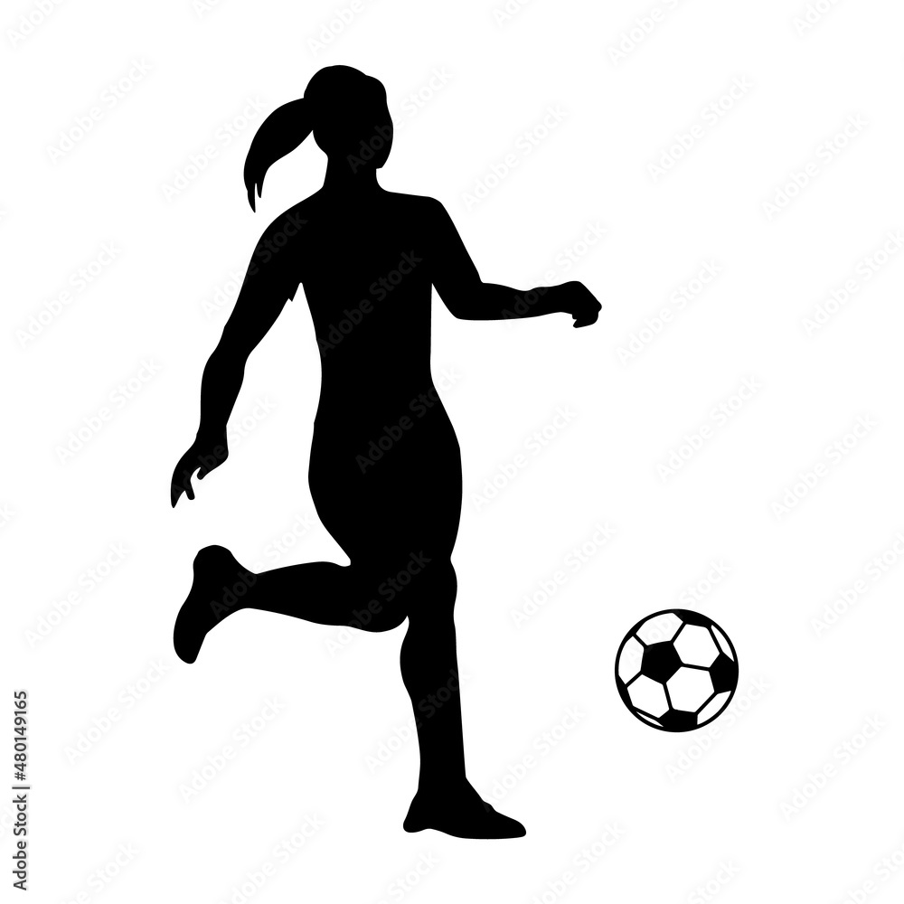 Silhouette soccer woman player. Player shooting.
