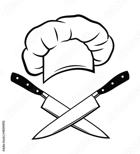 Illustration of a chef's hat. The emblem of a headdress with knives for a restaurant. Black and white vector illustration for the kitchen master. Chef logo.