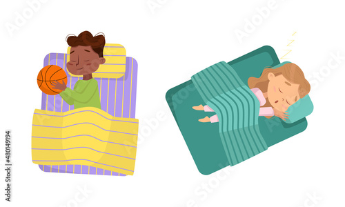 Little Boy and Girl Sleeping Sweetly on Soft Pillow Under Blanket in Their Bed Vector Set