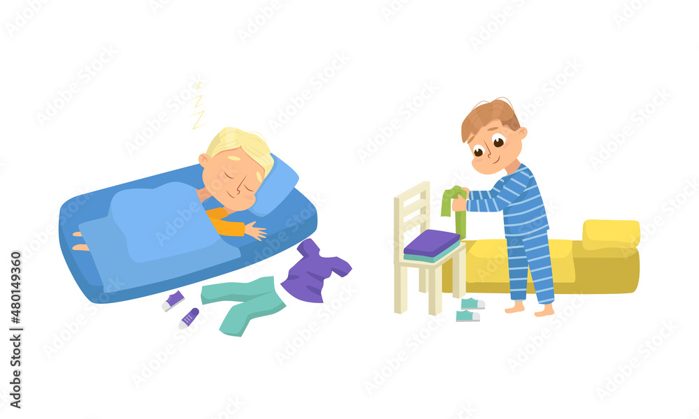 Little Boy Sleeping Sweetly on Soft Pillow Under Blanket in Bed and Folding Clothes Vector Set Little Boy Sleeping Sweetly on Soft Pillow Under Blanket in Bed and Folding Clothes Vector Set