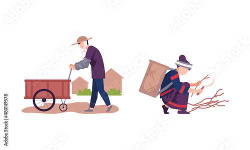 Asian Male and Female Farmer Gathering Brushwood and Pushing Trolley Vector Illustration Set