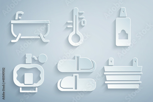 Set Sauna slippers, Spray can for hairspray, Aftershave, bucket, thermometer and Bathtub icon. Vector