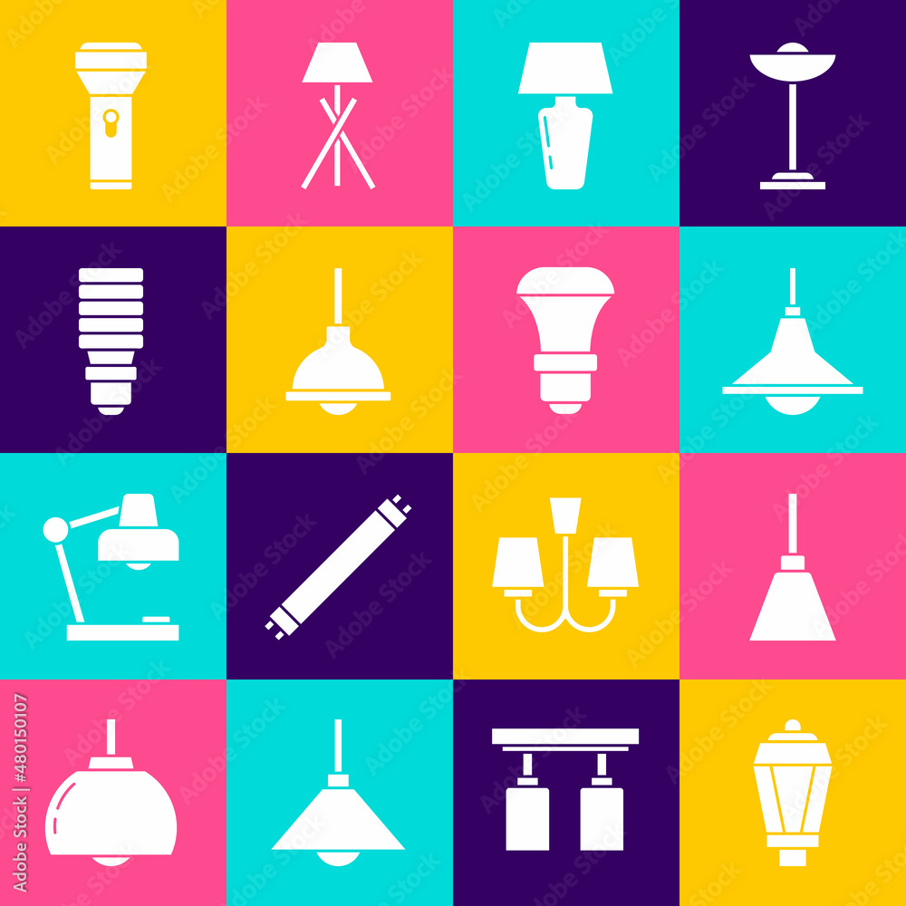 Set Garden light lamp, Chandelier, Table, Lamp hanging, LED bulb, Flashlight and icon. Vector